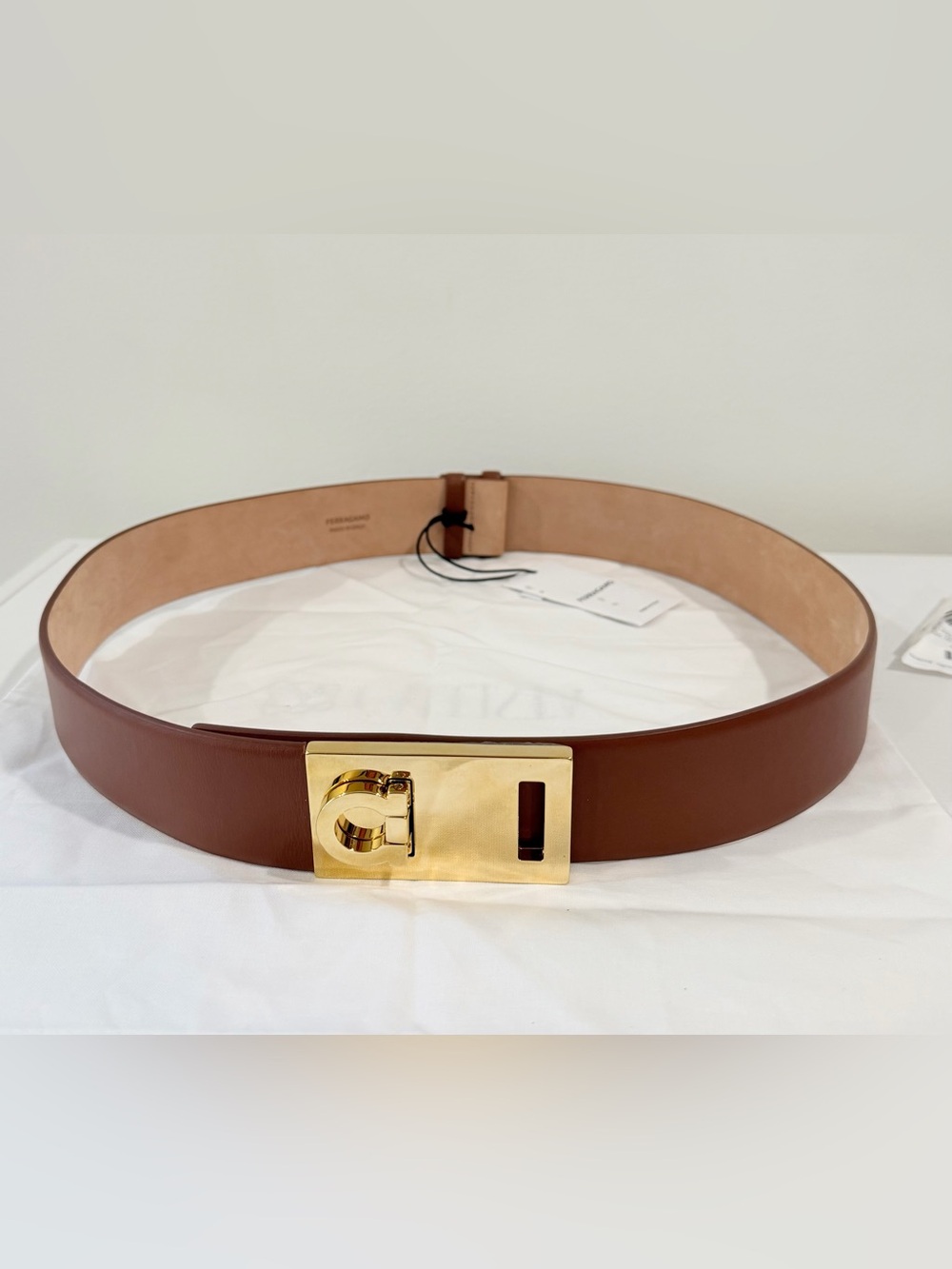 Salvatore Ferragamo Tan/Brown Leather Belt with Gold Gancini Plate